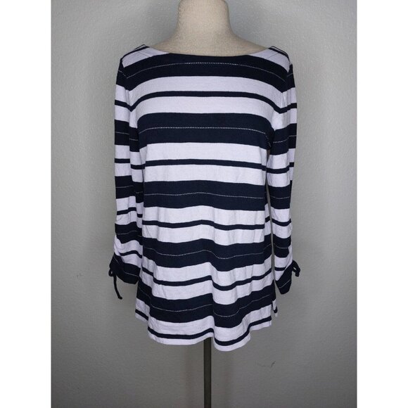 Talbots Womens Sweater Medium 3/4 Drawstring Sleeves Lavender Black Stripe - Picture 1 of 10